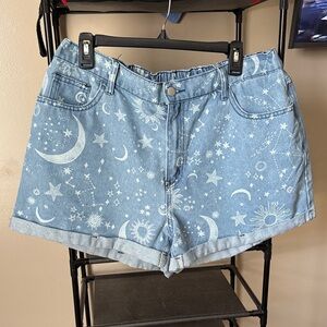Celestial Print Light Blue Denim Women's Shorts